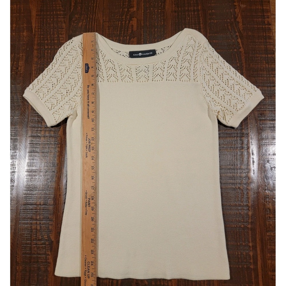 Sag Harbor Womens Sweater Ivory Short Sleeve Small 100% Cotton Knit Detail